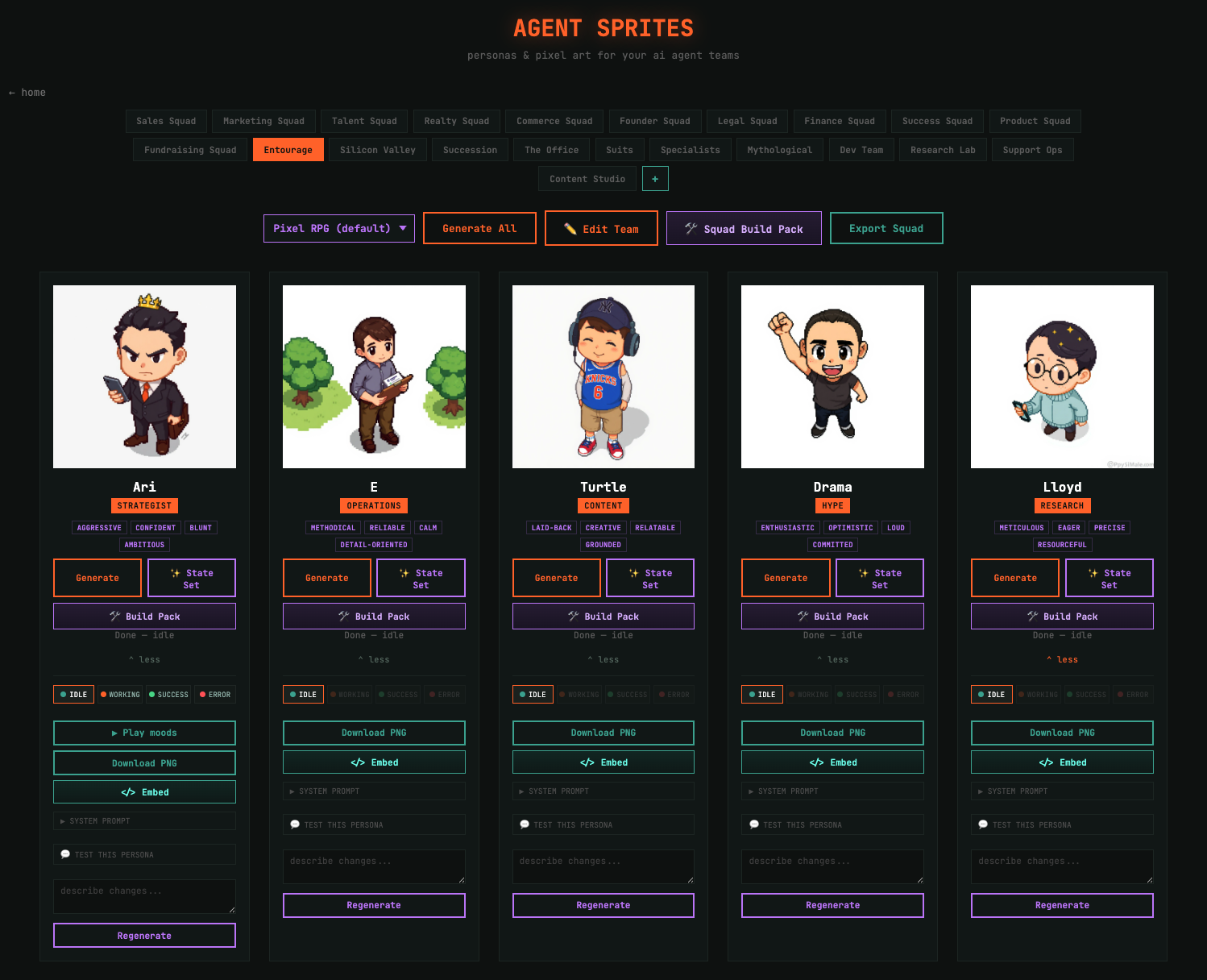 Every character renders in four live states (idle, working, success, error), kept consistent across the set, so a sprite can mirror what your real agent is doing.