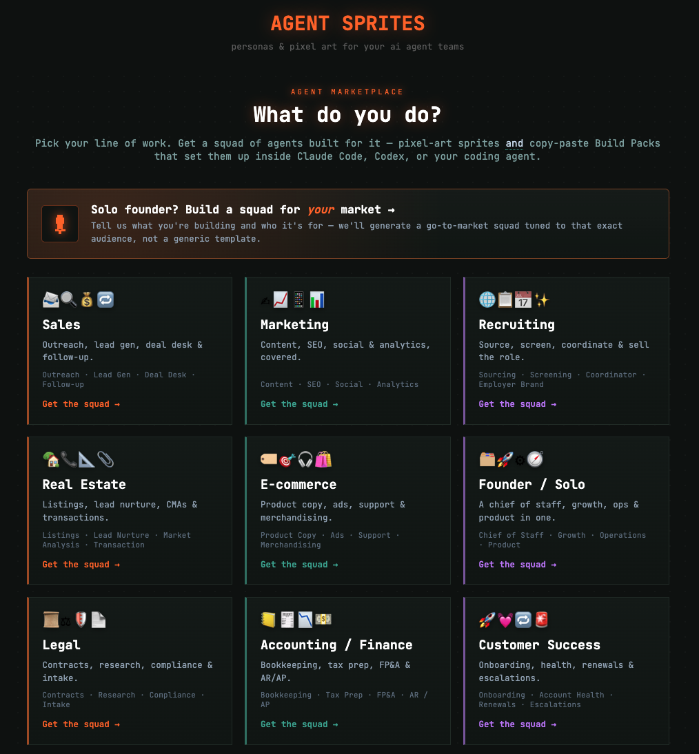 Two ways in: a 'Solo founder? Build a squad for your market' banner above a grid of ready-made industry squads (Sales, Marketing, Recruiting, Real Estate, E-commerce, Legal, Finance, and more).