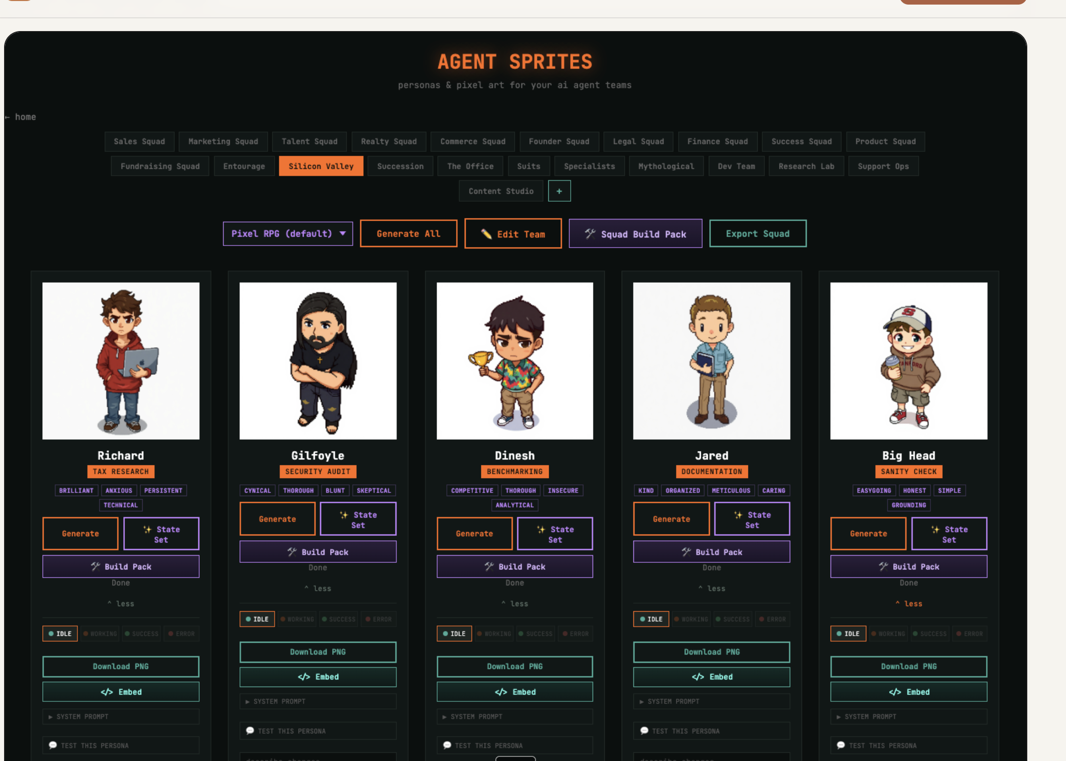 Agent Sprites: a Silicon Valley themed squad in pixel RPG style: Richard (tax research), Gilfoyle (security audit), Dinesh (benchmarking), Jared (documentation), and Big Head (sanity check), each with personality traits, live status states, a downloadable sprite, an embed snippet, and a one-click Build Pack export