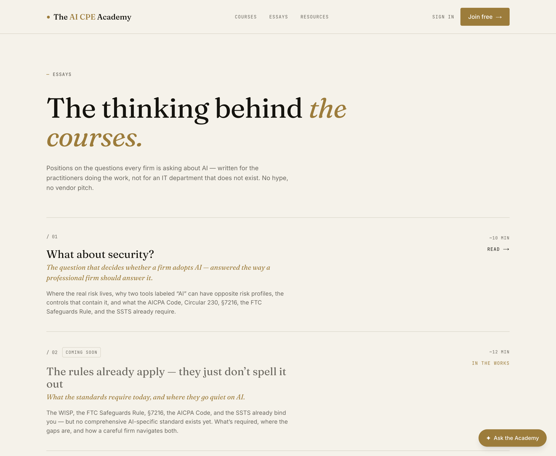 Essays: the thinking behind the courses, written for the practitioners doing the work, not an IT department that doesn't exist