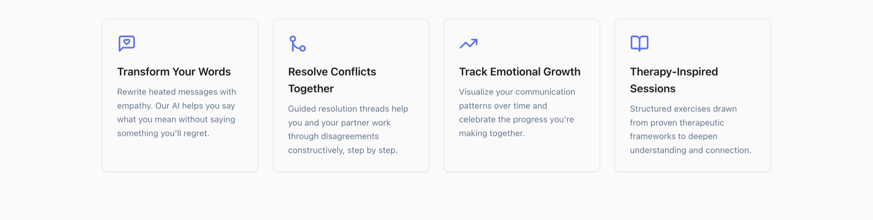 The four pillars: reframe heated messages, work through conflict step by step, track communication over time, and run therapy-inspired exercises