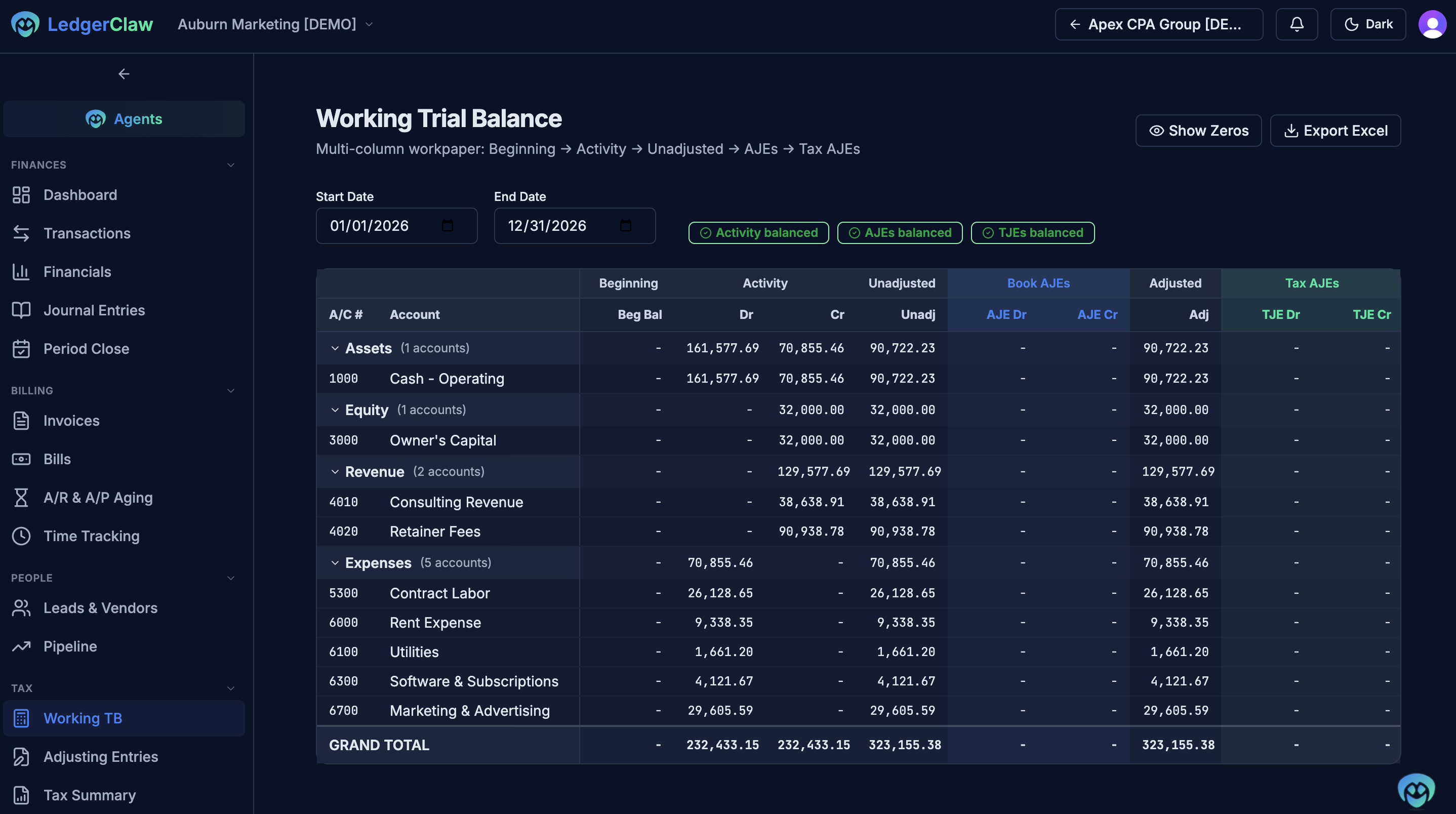 Book to tax on one workpaper: the Working Trial Balance runs Beginning → Activity → Unadjusted → Book AJEs → Adjusted → Tax AJEs across the columns, with live balanced checks on activity, AJEs, and TJEs, accounts grouped by type, and a one-click Excel export.