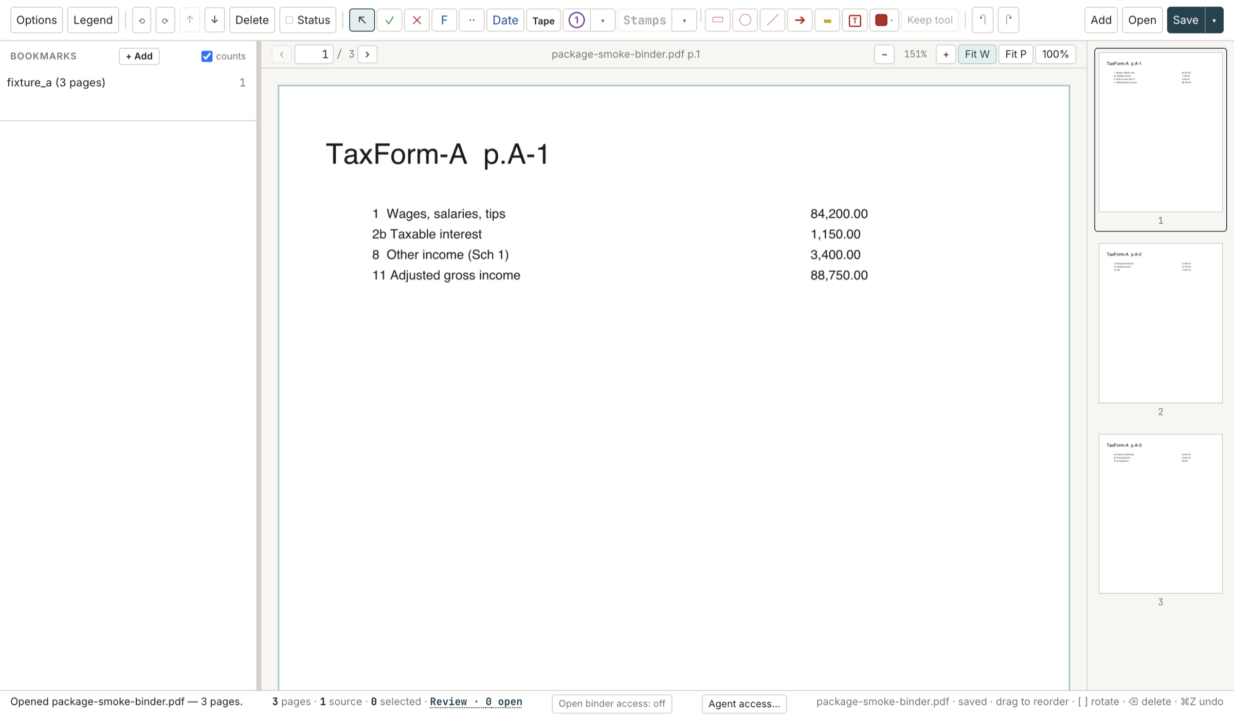 LedgerPDF: a tax workpaper binder with tick, cross, stamp, and tape tools across the top, a bookmarks pane on the left, a synthetic 1040-style page on the canvas, a thumbnail rail, and a status bar showing Review · 0 open and agent access off.