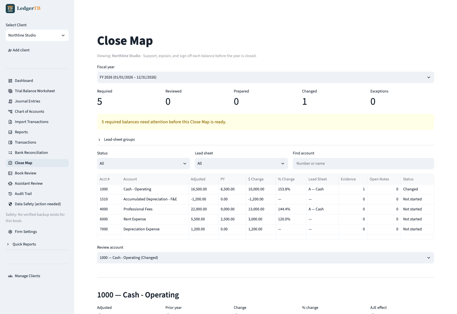 The Close Map: each account assigned to a lead sheet with support references and a variance explanation, and append-only preparer and reviewer signoff that reopens if anything underneath changes.