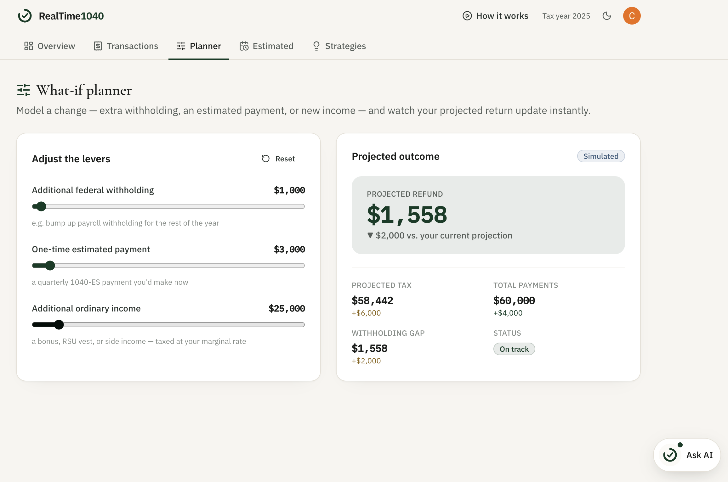 The what-if planner: drag levers for extra withholding, an estimated payment, or new income, and the projected return updates instantly against your current baseline.