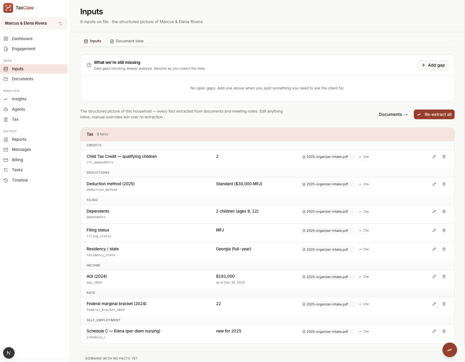 Every fact, traced to its source: AI reads the organizer and source documents into structured inputs (filing status, dependents, AGI, Schedule C, deduction method), each one citing the document it came from. Manual overrides win over re-extraction.