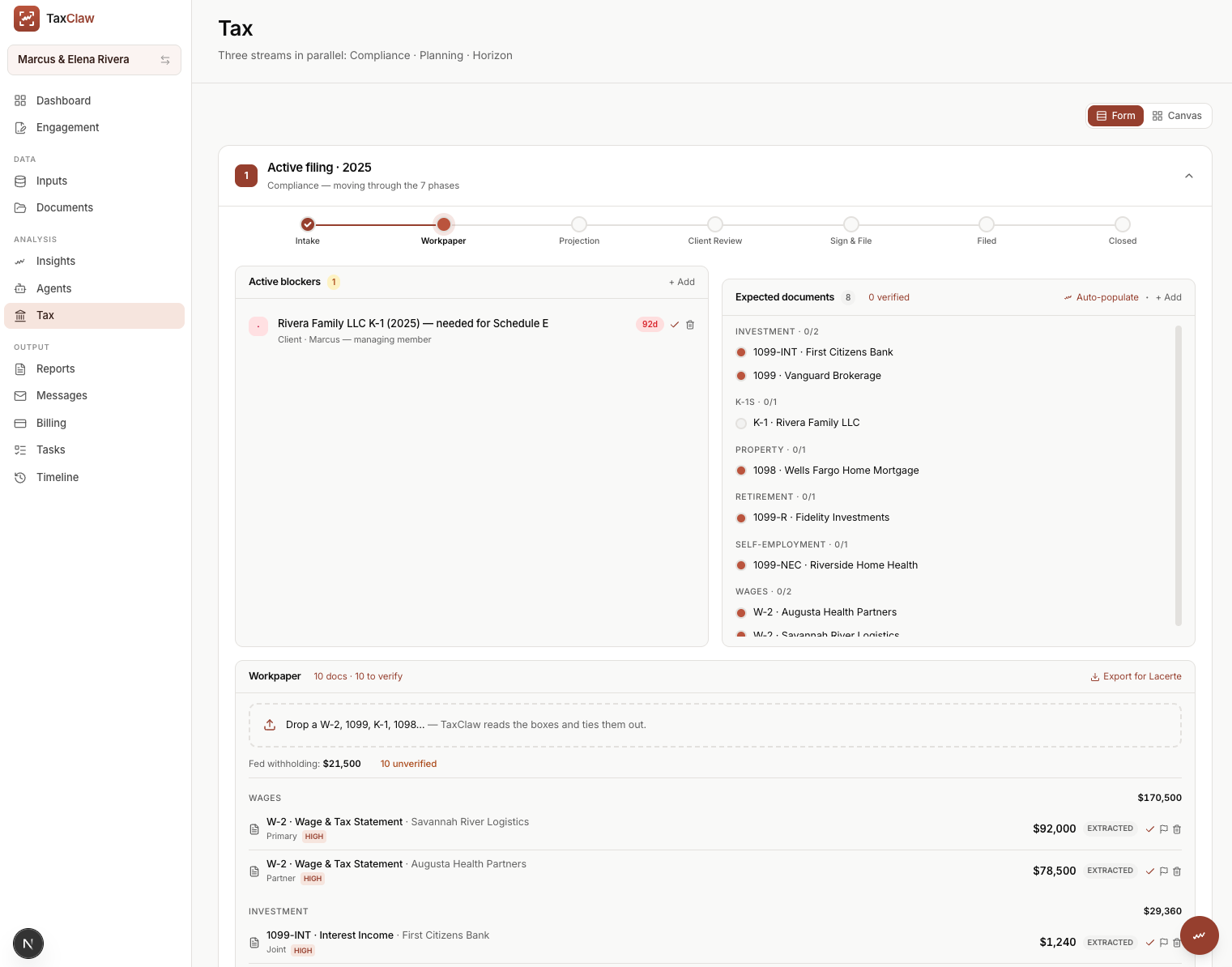 TaxClaw compliance workflow for a 2025 return: a seven-phase pipeline (Intake → Workpaper → Projection → Client Review → Sign & File → Filed → Closed), an active blocker for a missing K-1, an expected-documents checklist auto-populated by source, and a workpaper where dropped W-2s, 1099s, and 1098s are read, extracted, and tied out, with a one-click Export for Lacerte.