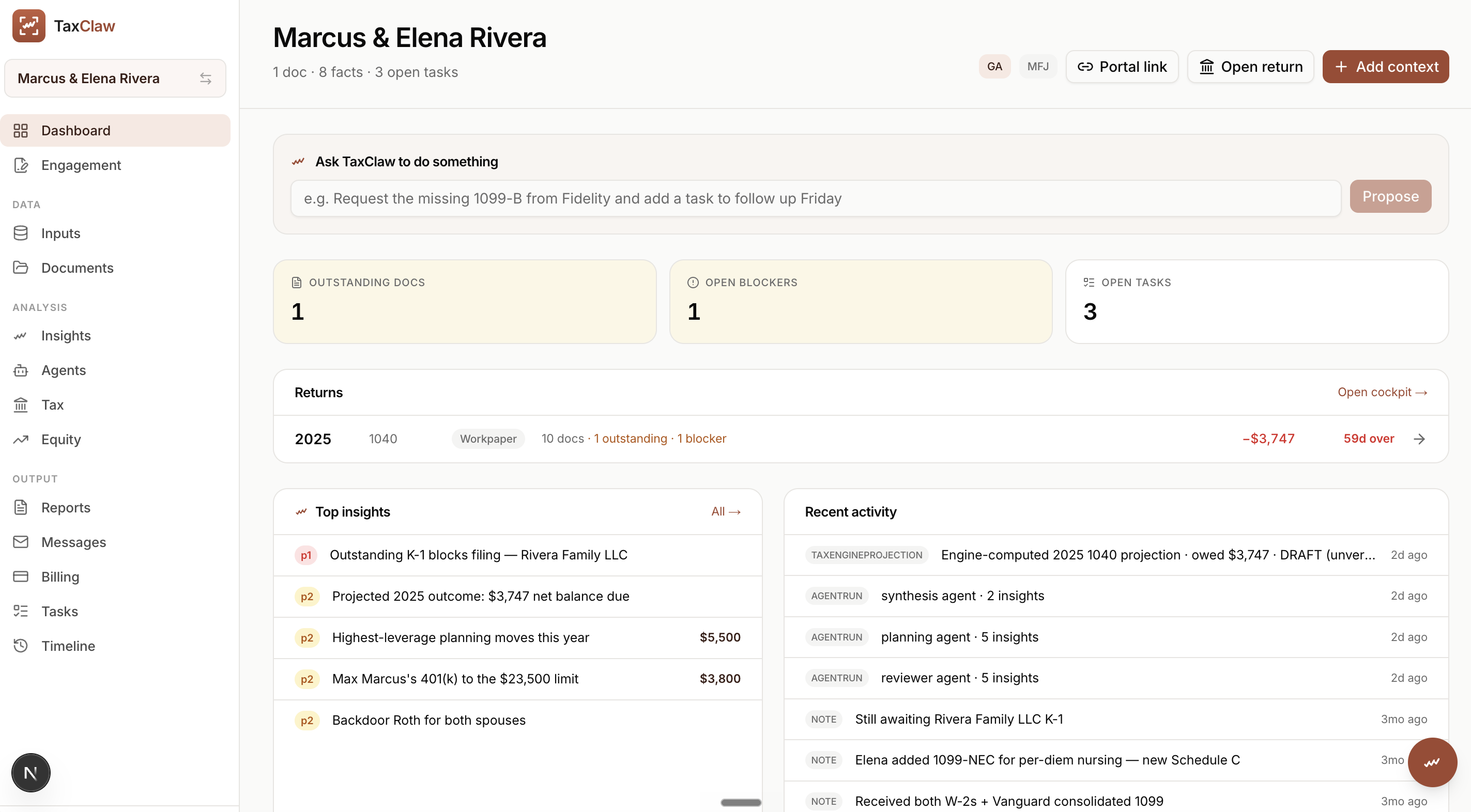 The client cockpit: outstanding docs, open blockers, and tasks up top; the active return with its engine-computed projection; and a live feed of agent runs and notes down the right. The engine flagged a $3,747 balance due straight off the documents.